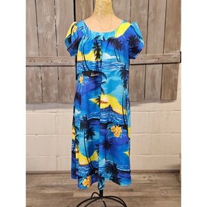 Vintage Royal Creations Hawaii Blue Sunset Hawaiian Kaftan Mumu Midi‎ Dress
